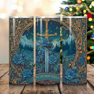 20oz Bookish Fantasy Tumbler – “You Do Not Yield” Sword Floral throne of glass